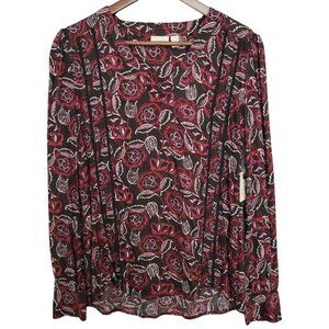 Hinge Black Coal Indigo Floral V-Neck Blouse Top Womens Size M Long Sleeve NWT